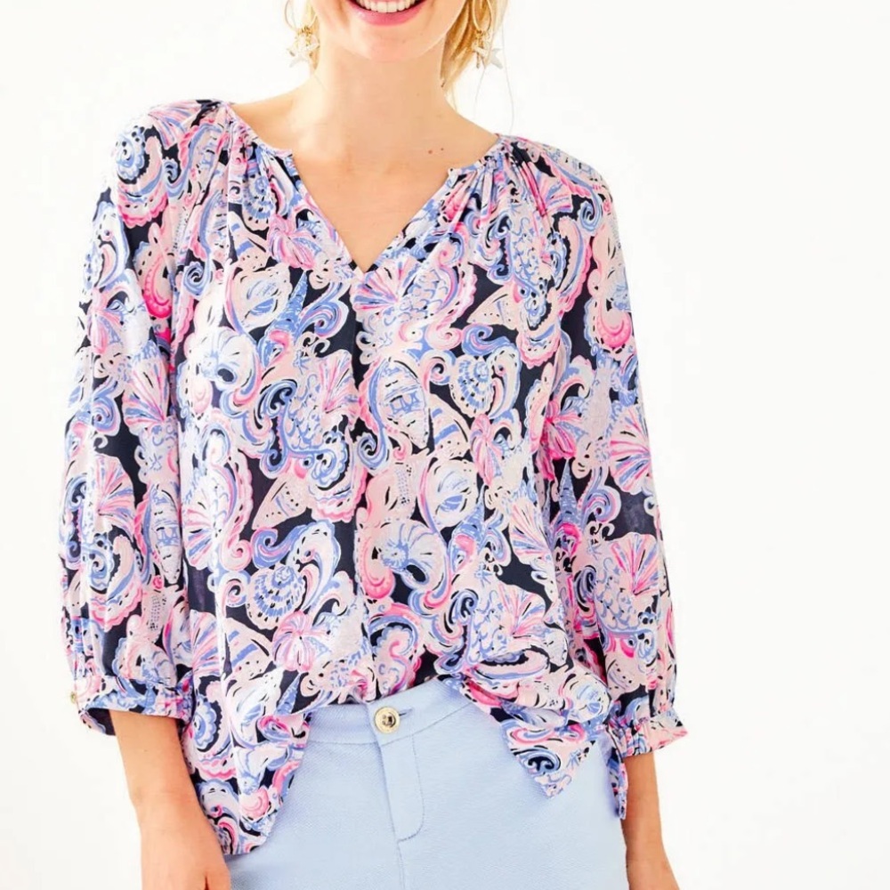 Lilly Pulitzer Willa 3/4 Sleeve Its For Shore High Tide Navy 100% Rayon Blouse